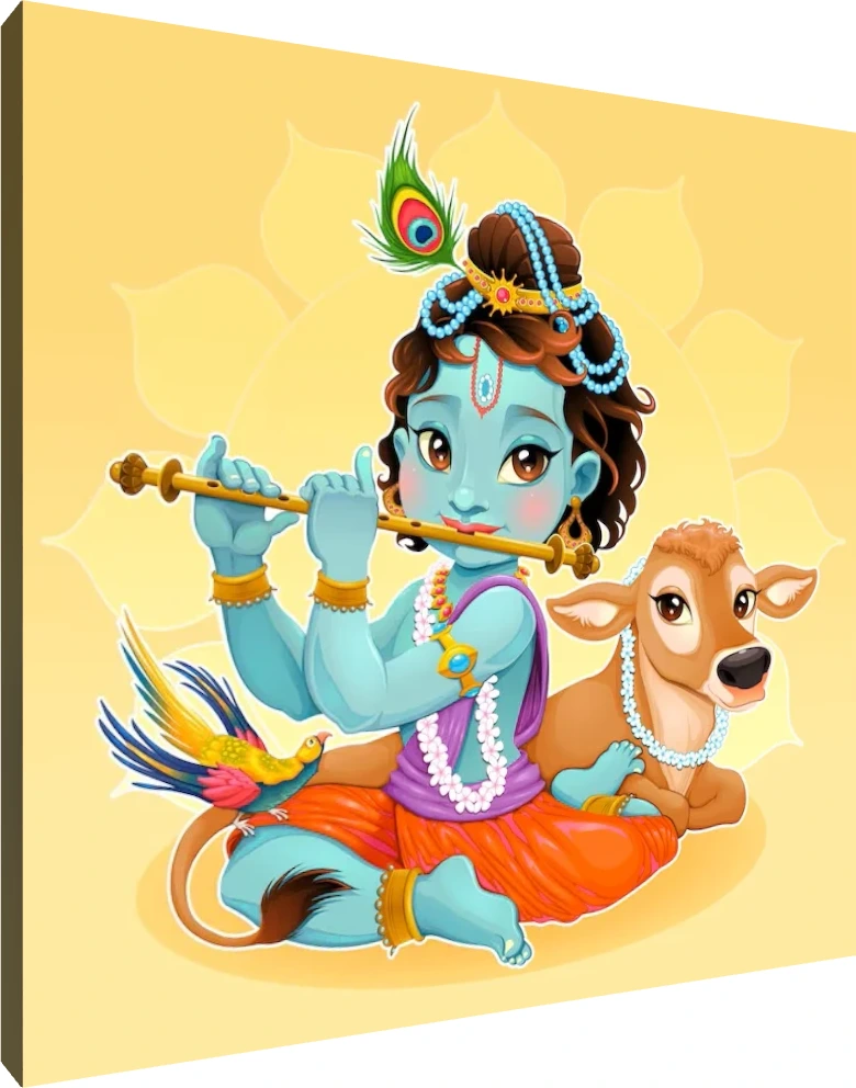 Cute digital illustration of baby Lord Krishna with blue skin playing a flute next to a small brown calf. | PrintPosters.in